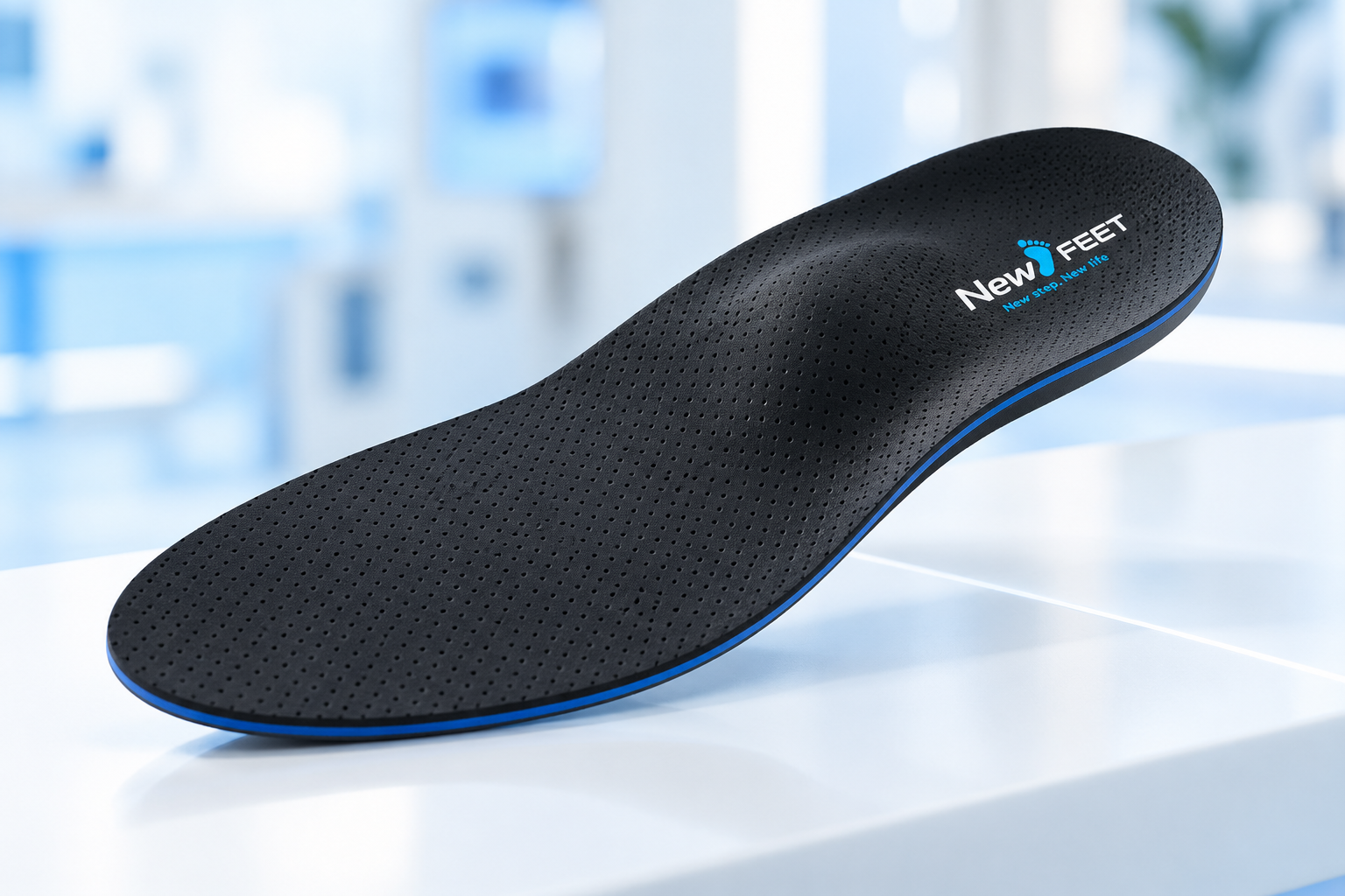 מדרס שחור מחורר עם קצה כחול ומיתוג NewFeet על רקע קליני בהיר